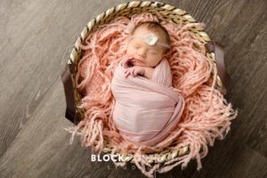 Newborn baby girl wrapped in pink blanket in a basket at Saint Paul Portrait studio.