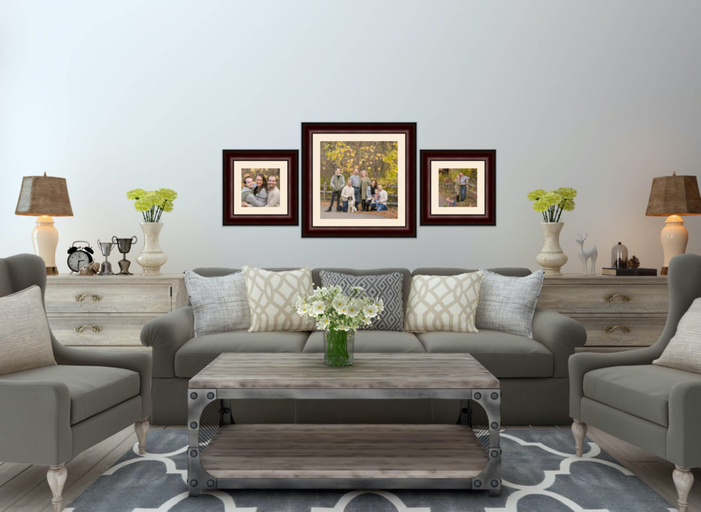 Family pictures diplayed in living room in Saint paul, Minnesota by Block Portrait Studios