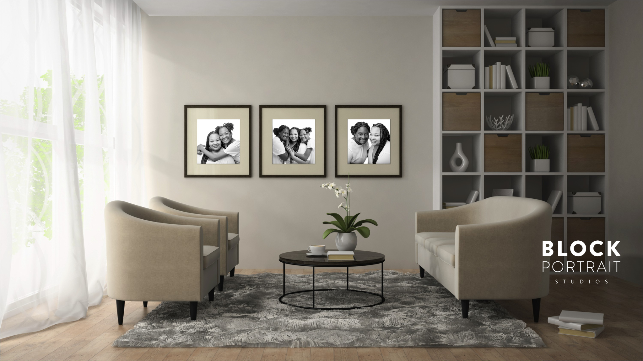 Image of a sitting area in a home, with beige walls and decor, with black and white portraits of an African American family in a gallery wall design.