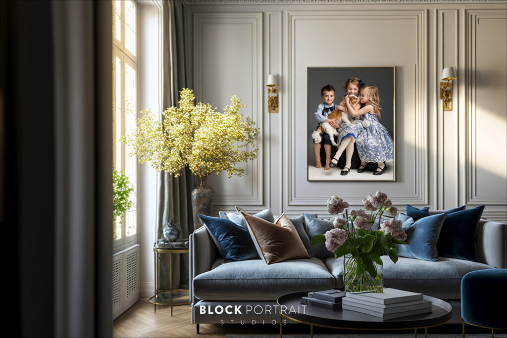 Image of a living room with a sibling portrait displayed on the wall, designed and photographed by St. Paul portrait studio Block Portrait Studios.