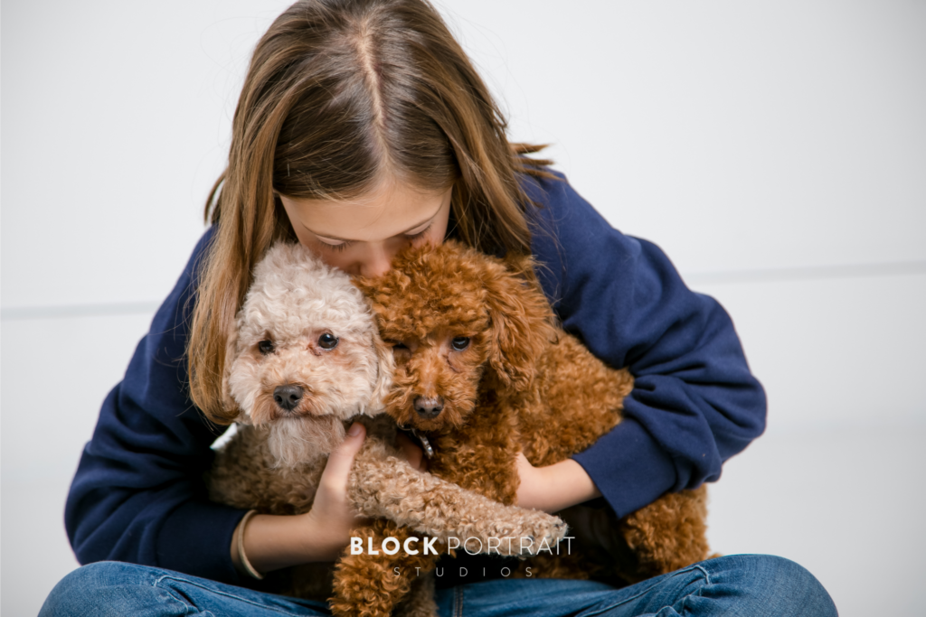Portrait of you caucasian girl, wearing a blue sweater, sitting on the floor of a white room, giving a kiss on the head to her two family small dogs in St. Paul Minnesota, at photography studio Block Portrait Studios.