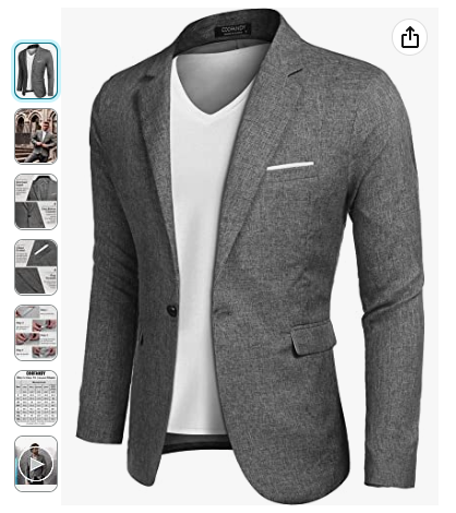 Screenshot of a men's suit jacket listing on Amazon for men's business headshots.